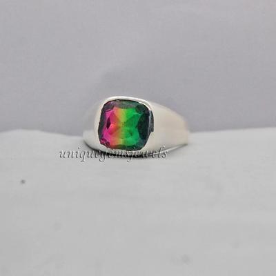 Cushion Cut Watermelon Tourmaline Quartz 925 Sterling Silver Ring, Solid Tourmaline Handmade Unisex Ring