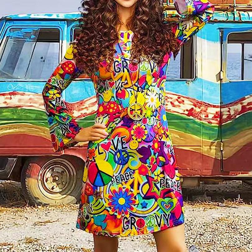 European & American Women's Retro Hippie Dress with Headscarf - Fresh & Sweet Festival Style