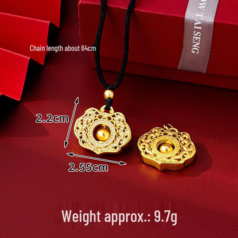New Chinese-Style Diamond-Inlaid Openwork Peace Lock Necklace: Women's Ethnic Vietnamese Sand Gold Pendant, Trendy Long-Lasting Color Jewelry.