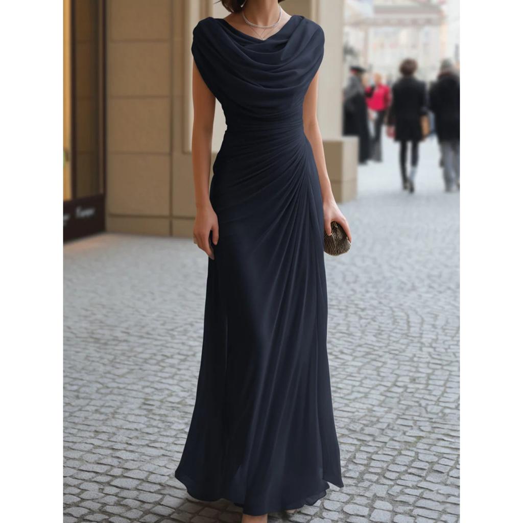 Dámské maxi šaty bez rukávů s rolákovým výstřihem, úzký střih, elegantní, řasené, formální večerní šaty