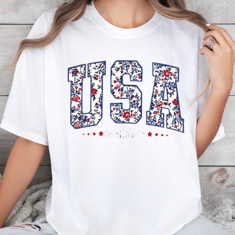 Floral Usa Shirt American Girl Shirt Usa Est 1776 Tshirt Girly 4th Of July Tee Patriotic Unisex Tshirt Flower Usa