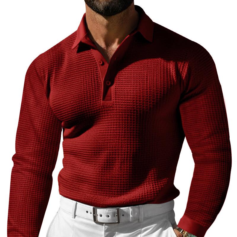 New Men's T-shirt Waffle Collar Button Slim Long Sleeve Polo Shirt