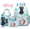 4-teiliges Set mit aufgedrucktem Demon Slayer-Cartoon-Rucksack, Handtasche, Federmäppchen und 750-ml-Trinkflasche für Teenager (Jungen und Mädchen) – große Kapazität, wasserdichter Schulrucksack