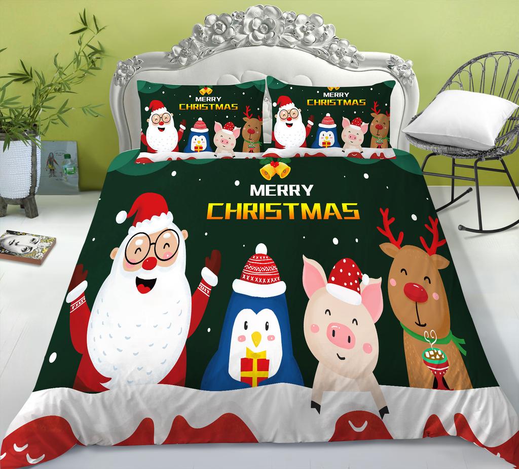Christmas Quilt Cover Pillowcase Three-Piece Children'S Holiday Gift Cartoon Digital Printing Polyester