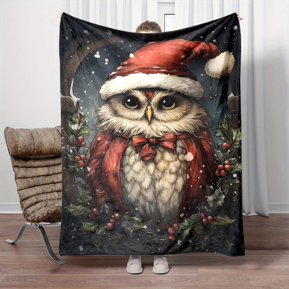 Christmas Owl Print Soft Flannel Throw Blanket - 100% Polyester Non-Woven, Contemporary Style, Digital Print, All-Season Reversi