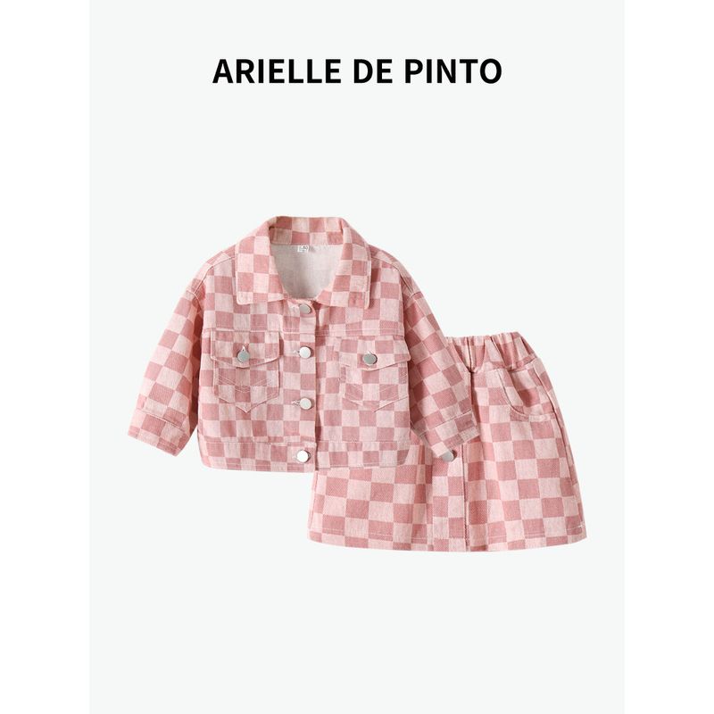 French Arielle De Pinto Girls  Suit Spring and Autumn Fashion Trendy Children s Plaid Jacket Two-Piece Set Pink 80