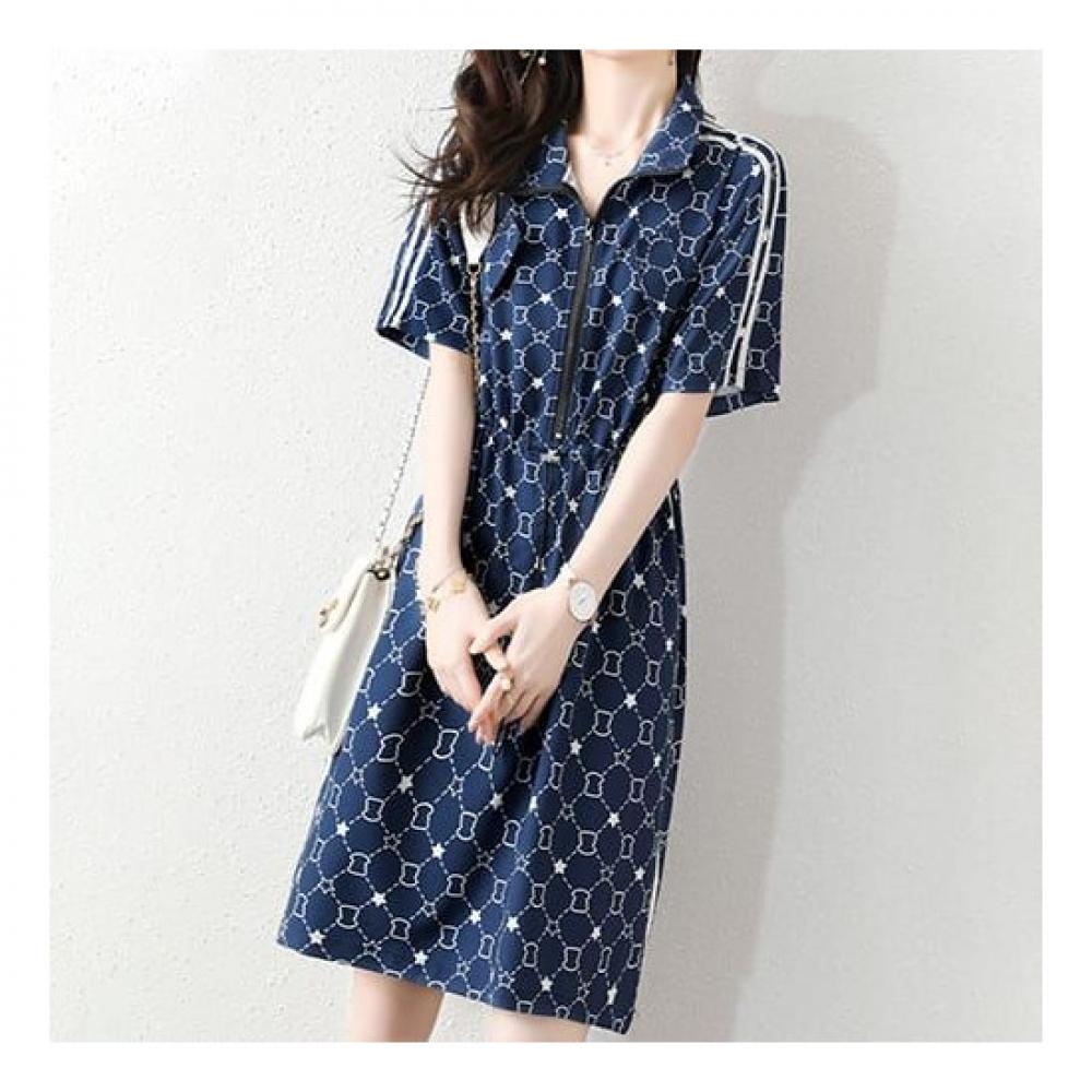 Navava No800 Waist String Zip Collar Short Sleeve Dress