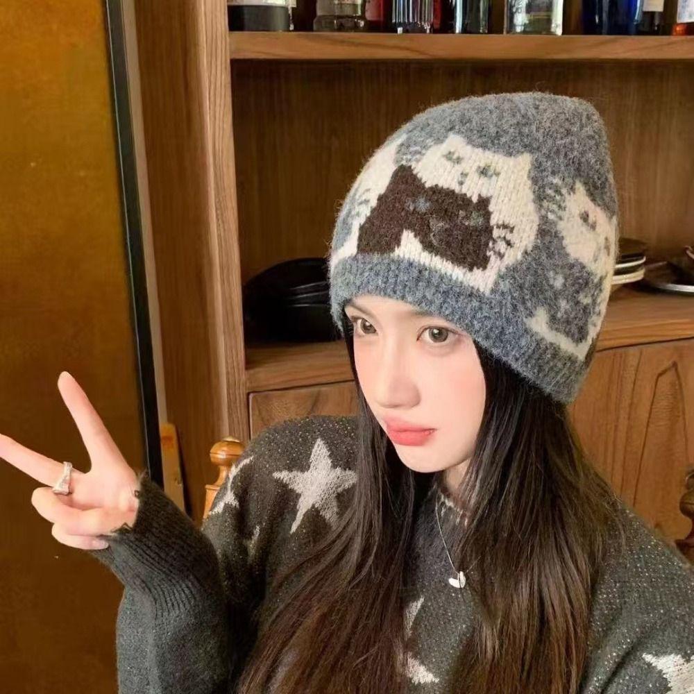 Warm Jacquard Pattern Beanies Fair Isle Style Printing Knit Cap Jacquard Cat Knitted Hat Girls