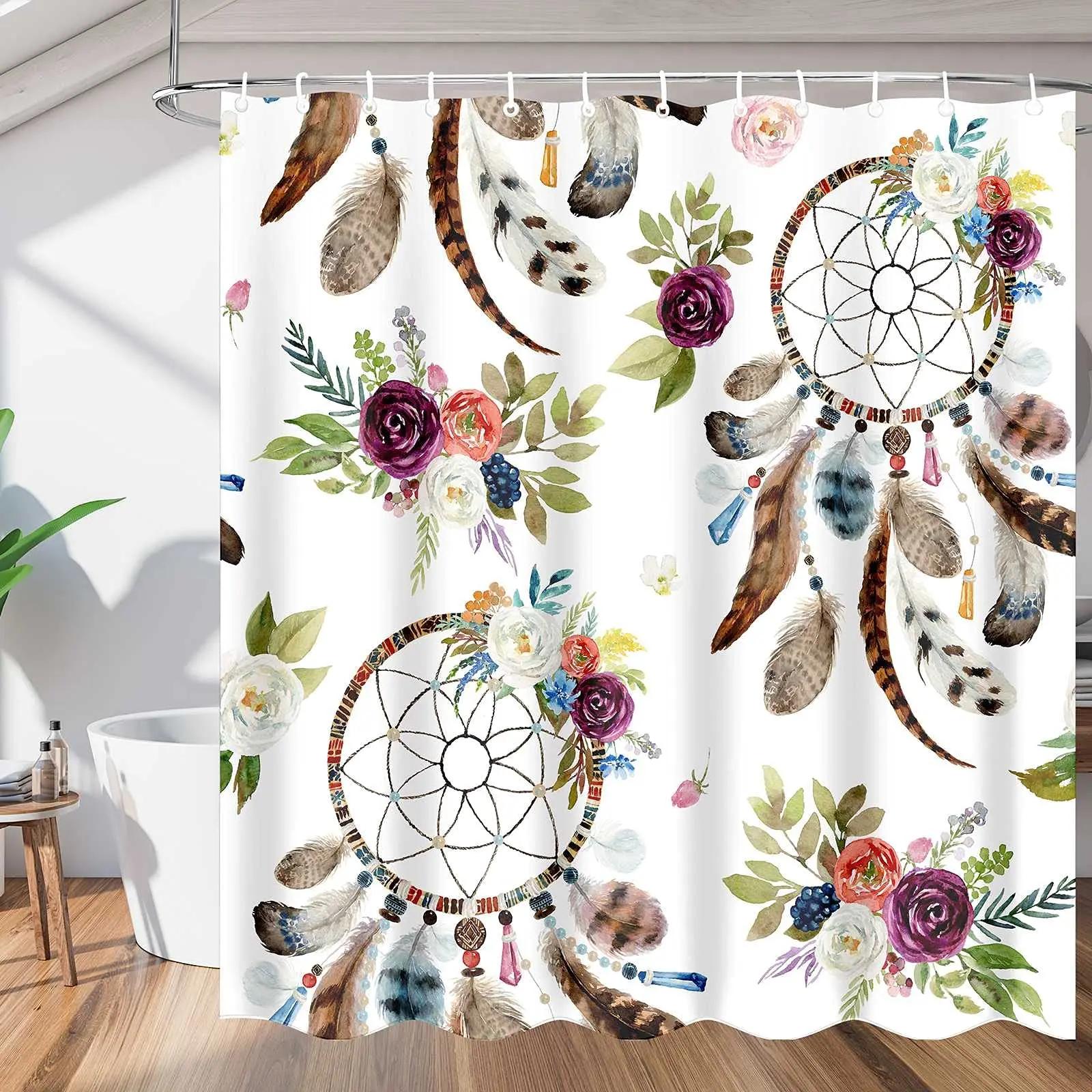 Colorful Theme Dreamcatcher Shower Curtain Feather Ornaments Hope Dreams Come True Art Print Polyester Fabric Bathroom Curtains W90xH180cm