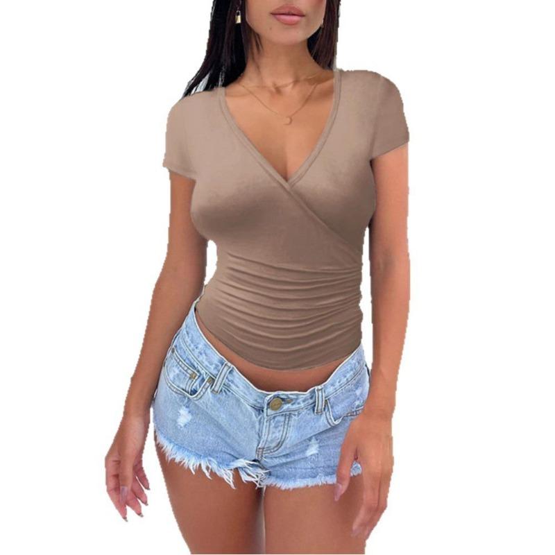 Dámské jarní sexy kořeněné volánové tričko s véčkovým výstřihem, slim-fit, crop, s krátkým rukávem
