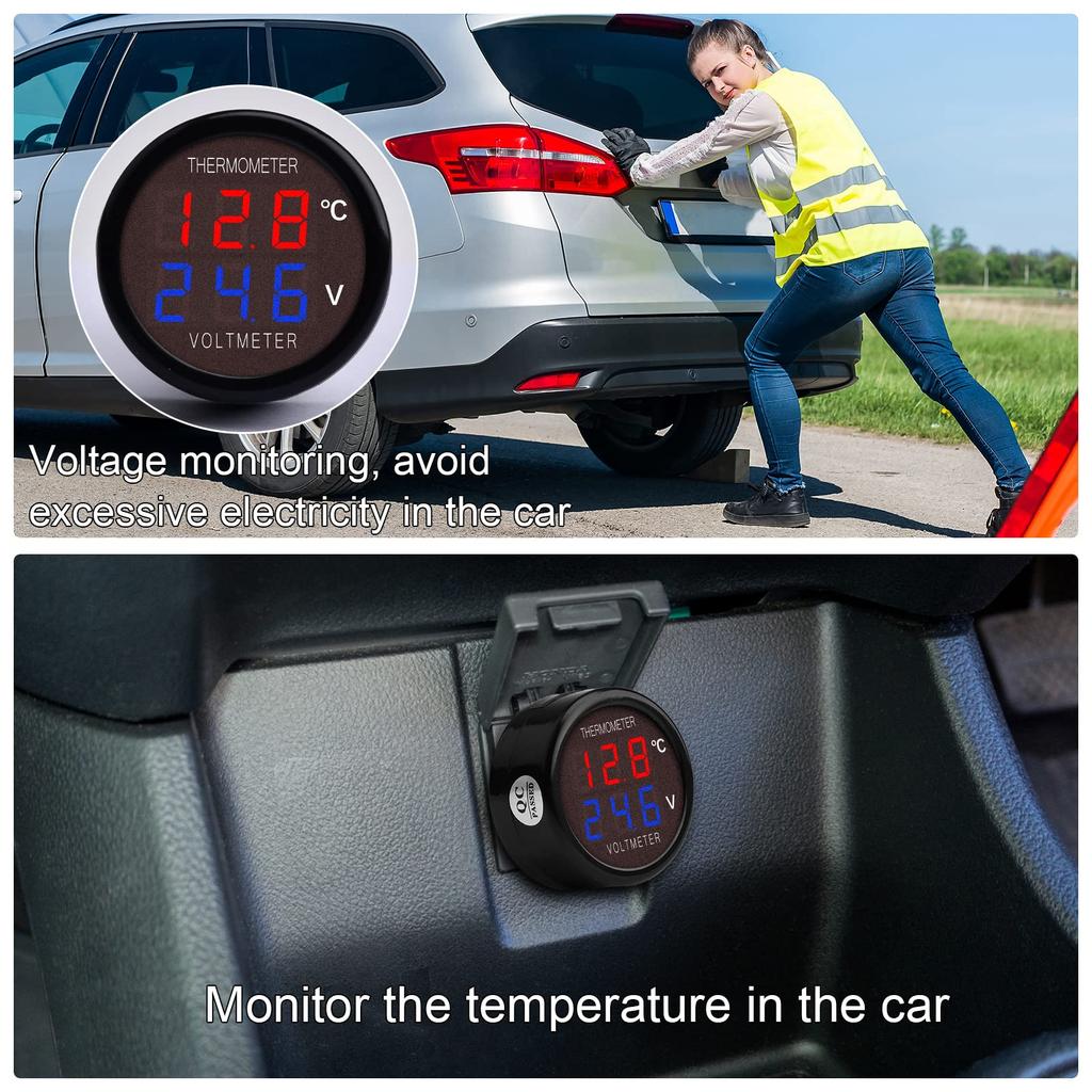DiyStudio Digital Voltmeter Thermometer LED 2in1 Car 12V/24V Car Battery