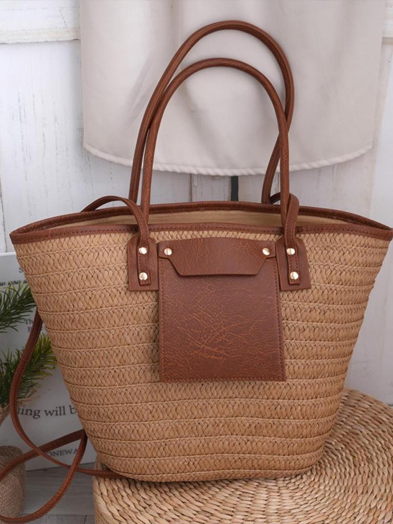 European & American Retro Women's Handmade Woven Straw Shoulder Bag, Casual Vacation Style