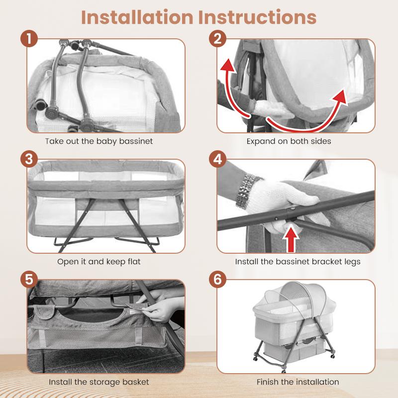 Baby Grab-and-go Travel Cot Crib , Rocking Crib Convertible ulti-function folding With Mosquito Net & Mattress & Silent Wheels