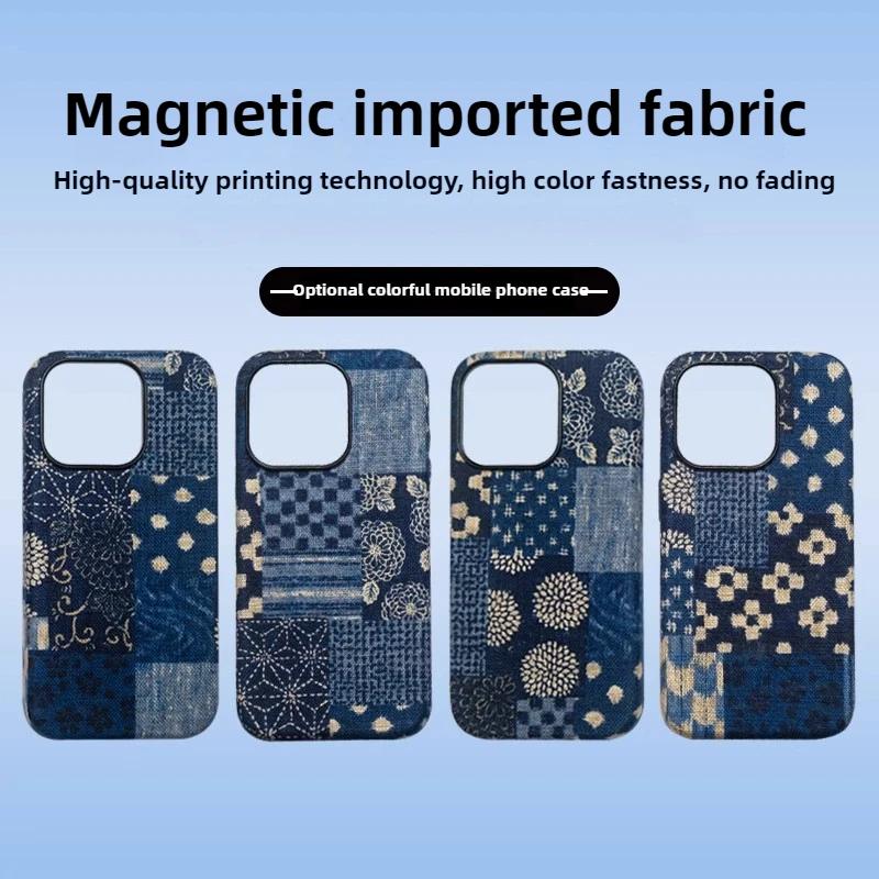 

Retro Printing Flower Blue Dye Fabric Case for iPhone 16 Pro Max 16 Plus 15 PM Magnetic Charging All-inclusive Edge Phone Cover For iPhone16