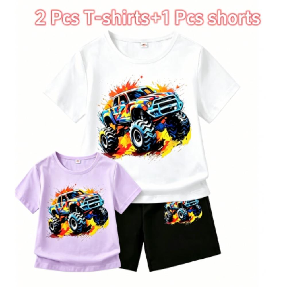 Cartoon Car Print Outdoor Street Kids T-shirt and Shorts Summer Home Casual Outfit Boy and Girl's Sports Set