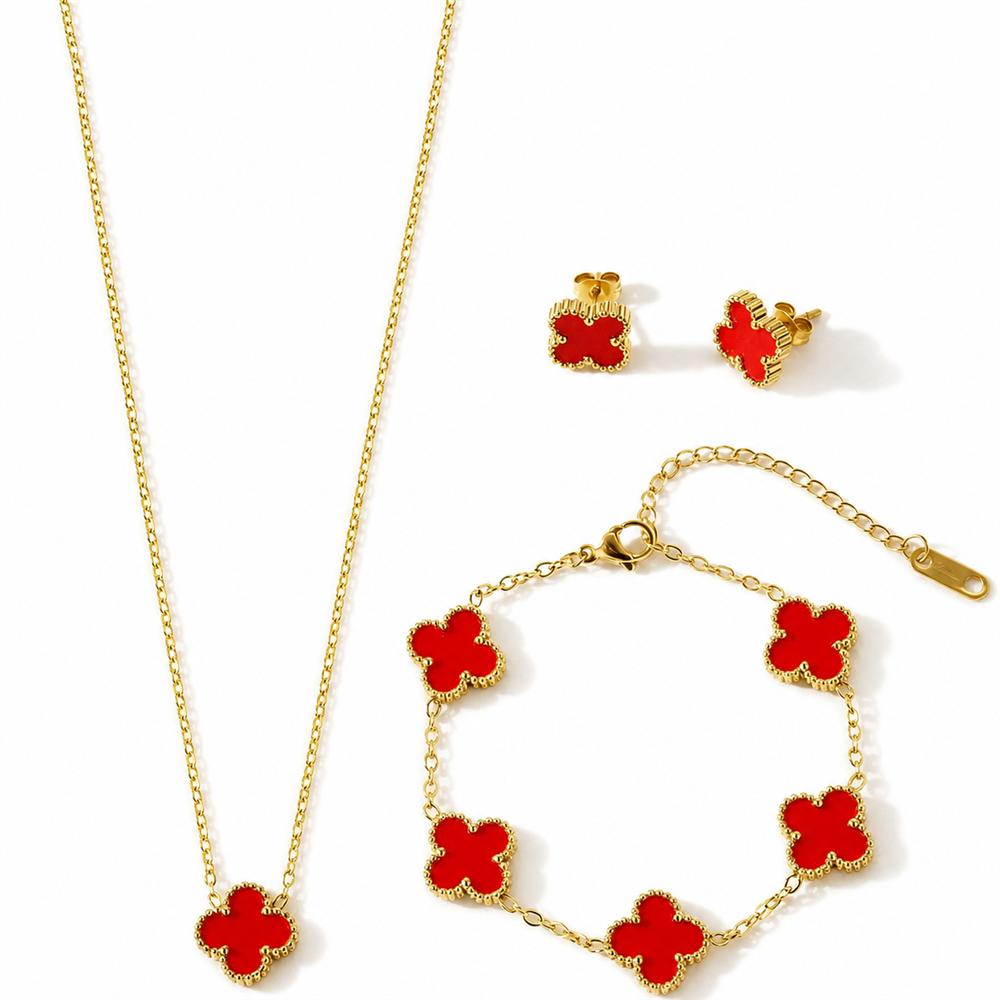 18K Gold-plated 13mm Four Leaf Clover Stainless Steel Jewelry Set Necklace Bracelet Earrings 3-Piece Set for Women Party Trendy