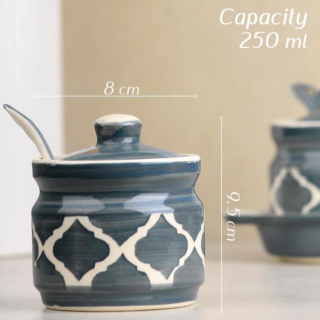 Grey Moroccan Ceramic Pickle Jar with Tray and Spoon | Jar with Lid | Ceramic Container for Pickle, Spices & Sauces | Barni with Lid, 250 ML Each