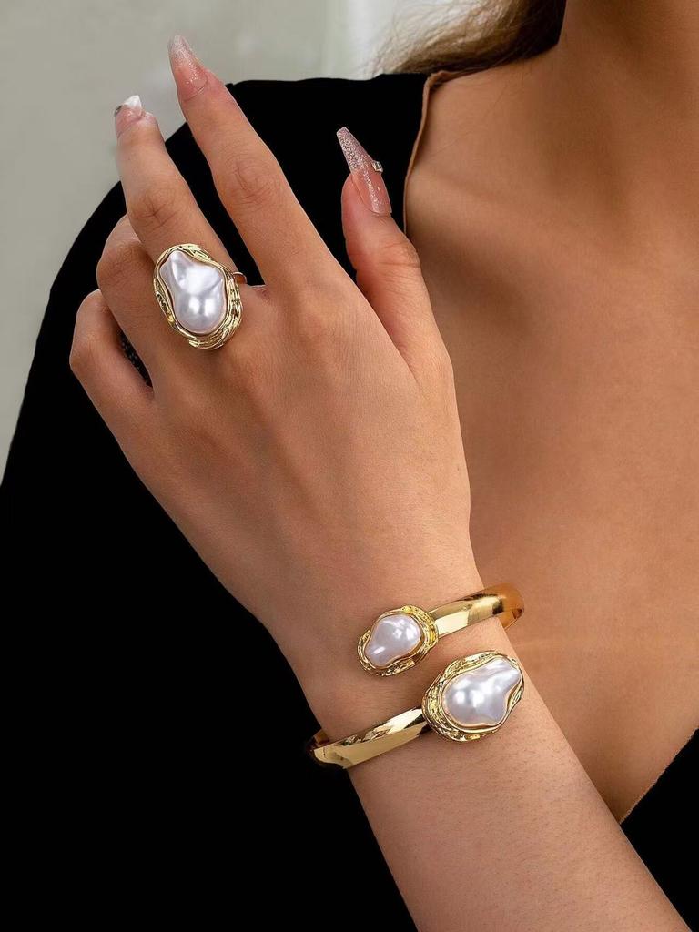 Daily Niche Minimalist Pearl Ring Elegant Pleated Opening Adjustable Bracelet Set