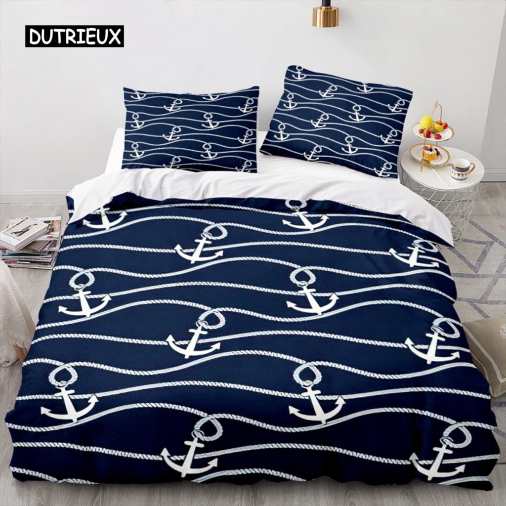 Anchor Duvet Cover Navy Blue Ocean Bedding Set Quilt Cover For Kids Boys Teens For Bedroom Decoration Polyester Nautical Theme