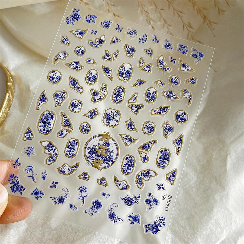 Chinese Style Blue And White Porcelain Nail Sticker Midnight Blue Floral Ceramic Nail Art Decal Slef Adhesive Diy Manicure Salon