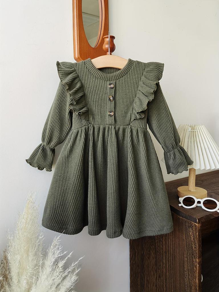 Baby Mädchen Spitze Rüschen Langarmkleid - Retro Elegantes Geripptes Design für Frühling & Herbst