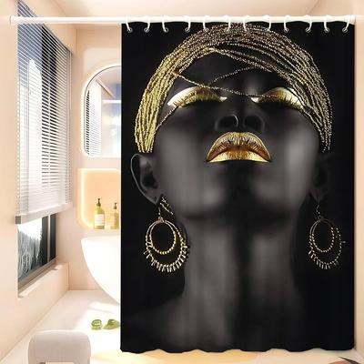 African Art Black And Gold Woman Oil Waterproof Polyester Shower Curtain Waterproof Bathroom Curtain Liners With 12 Hooks