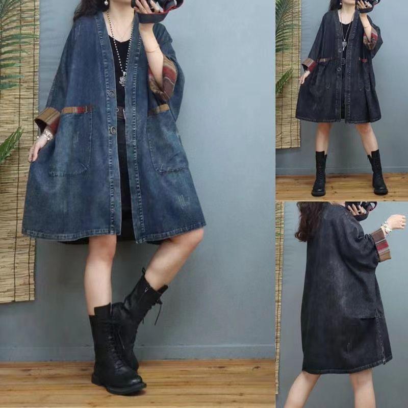 Jachetă de vânt de lungime medie cu gât în V și buzunare pentru femei - Toamnă Largă Culoare solidă