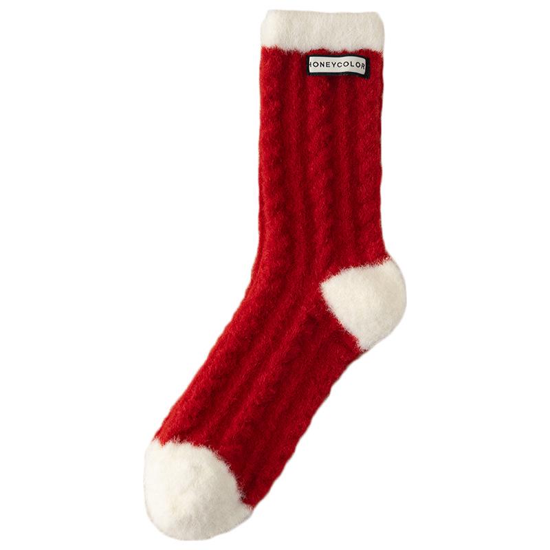 Women's Striped Red Mid-Calf Socks: Thick Warm Mink Velvet for Autumn & Winter