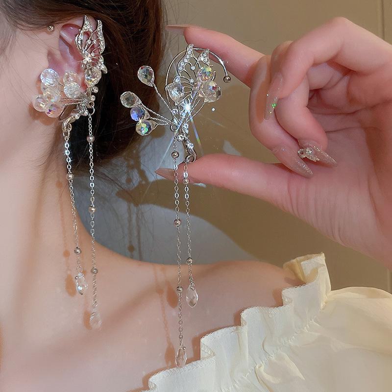 Silver Needle Star & Moon Tassel Ear Clips: Shiny Zircon, Sweet & Cool Style, Non-Pierced