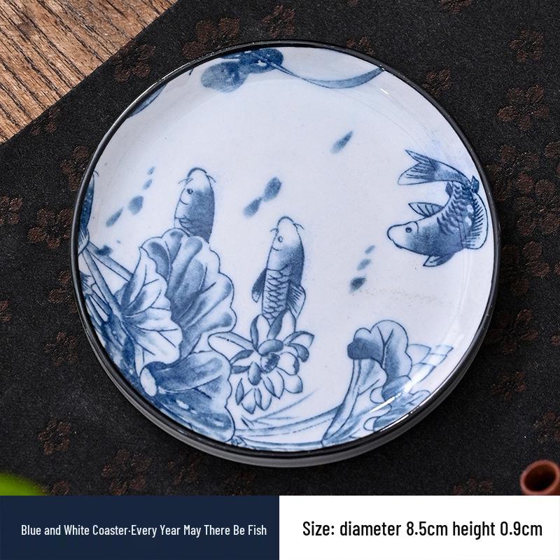 Retro Blue & White Japanese Ceramic Tea Coaster - Insulated Round Pad for Kung Fu Tea Set Accessories