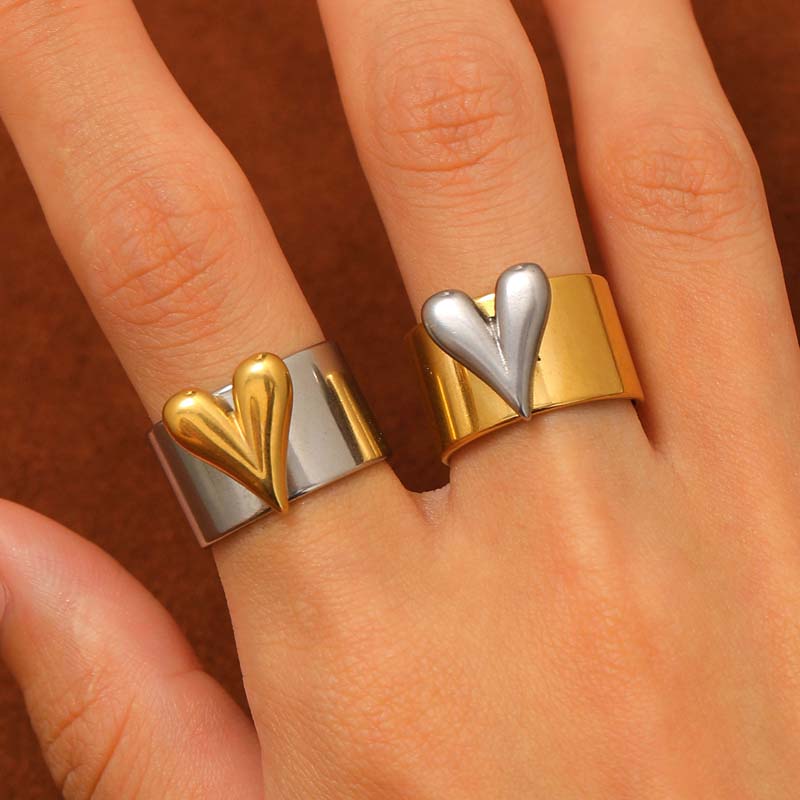 Stainless Steel Metal Heart Pattern Cuff Ring For Women Men Punk Hip Hop Gold Color Adjustable Wide Thick Finger Rings Jewelry