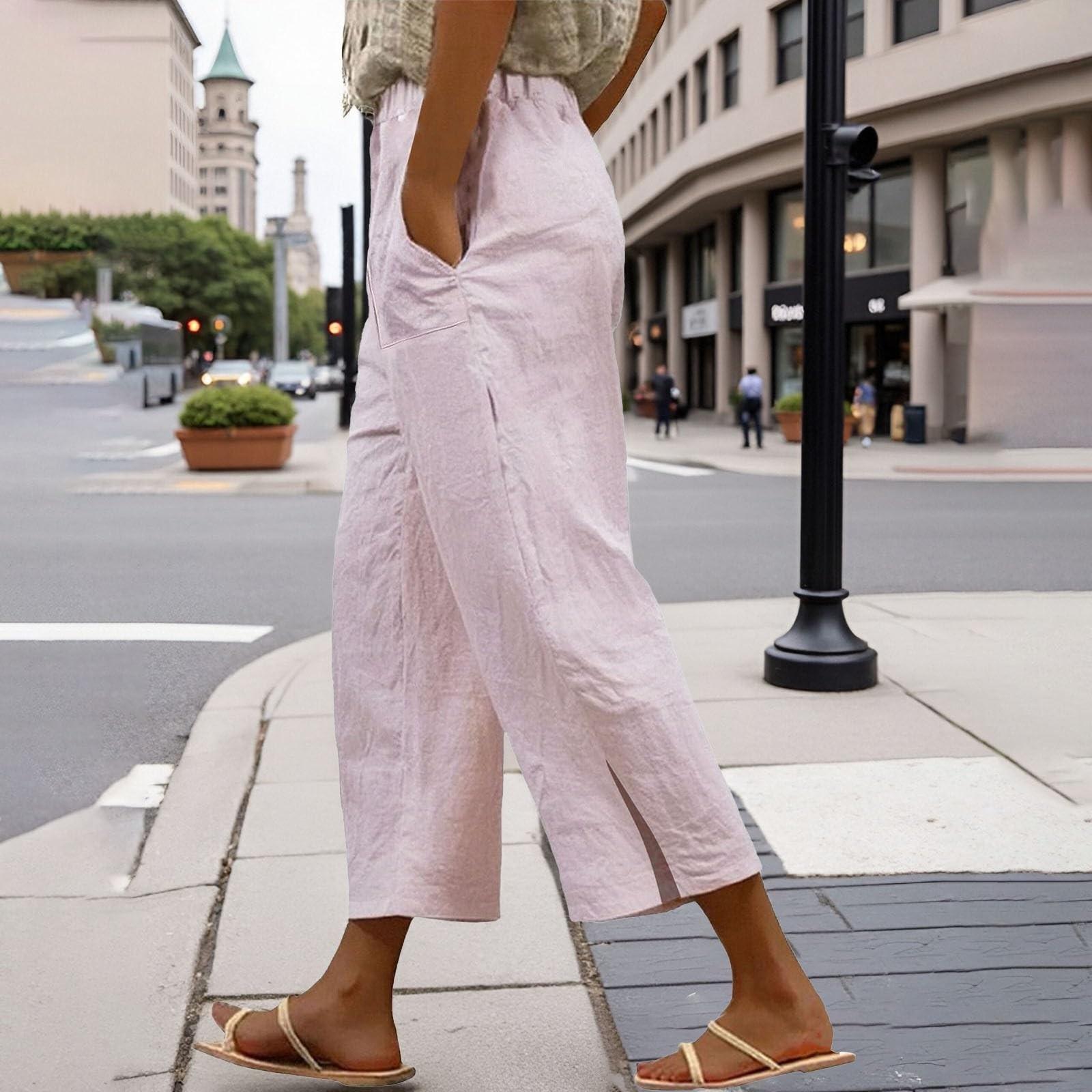 

Женские однотонные брюки кэжуал с эластичной талией, свободные льняные укороченные брюки с карманами M розовый