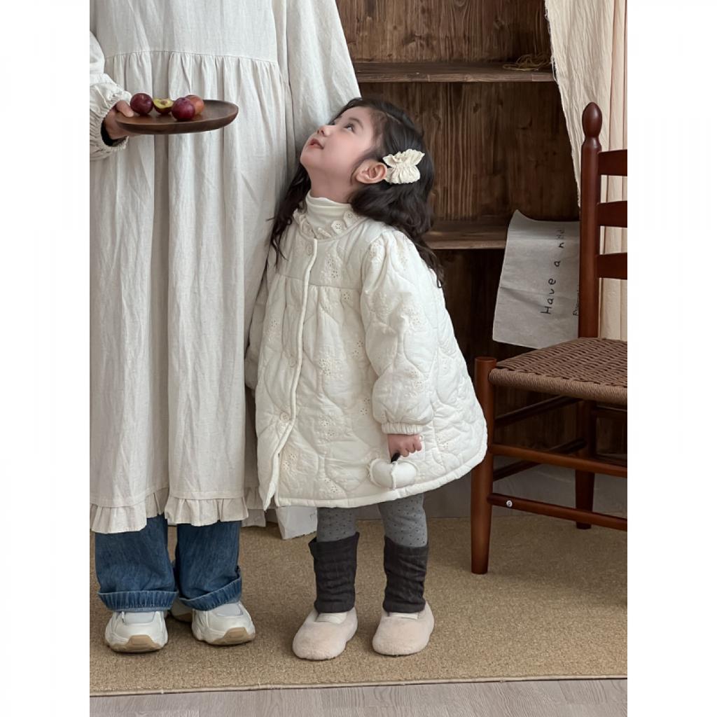 Winter New Children's Clothing Korean Style Children's Lace Embroidered Cotton Long Cotton Clothes Girls' Fleece-lined Lace Princess Cotton Coat