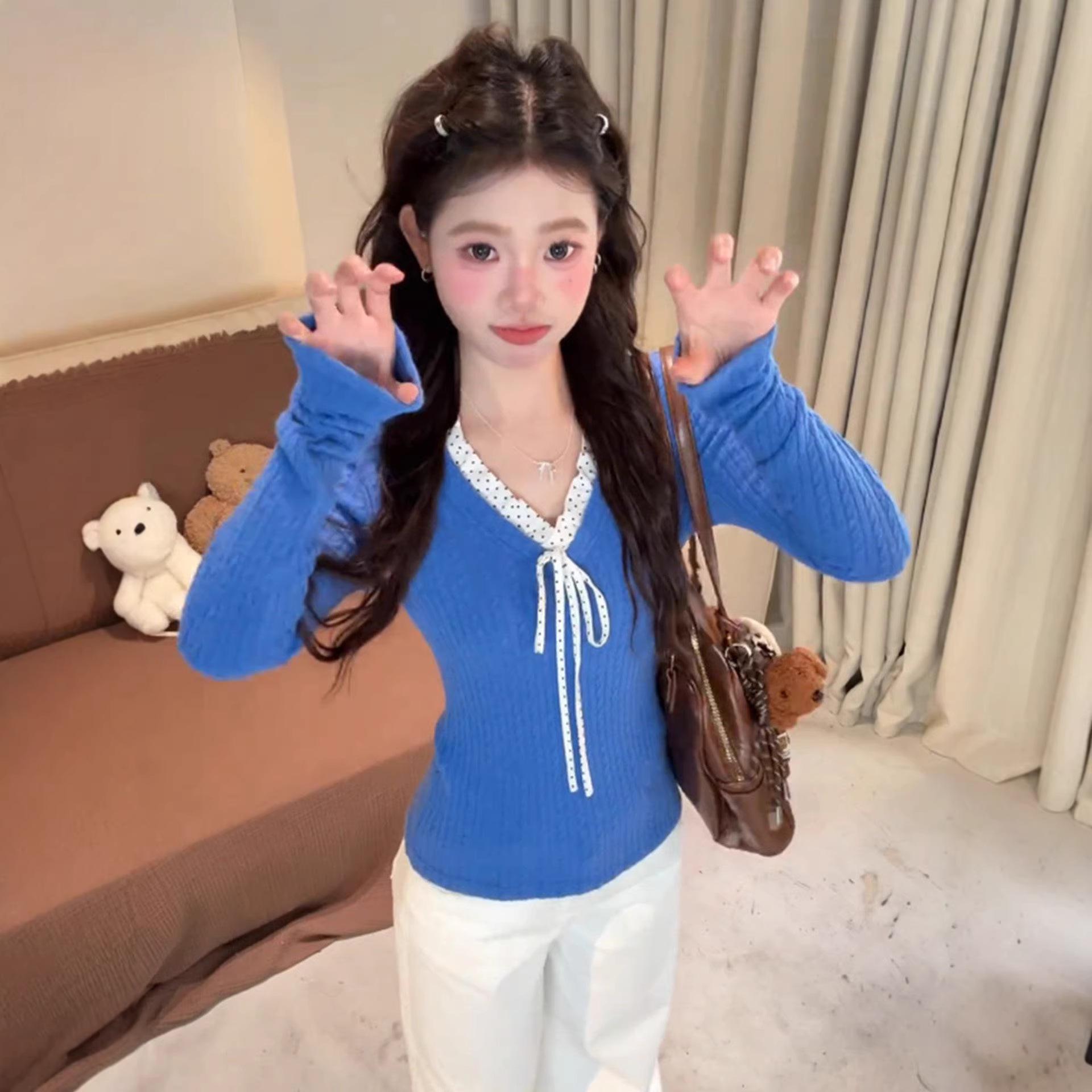 Women s Chic V-Neck Polka Dot Knit Top with Braided Patchwork - Faux Two-Piece Long-Sleeve Slim Fit M