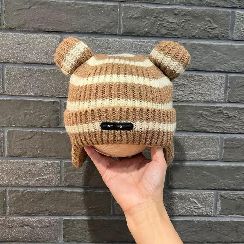 Baby hat autumn and winter striped ear hat cartoon children's warm fleece baby pullover knitted wool hat