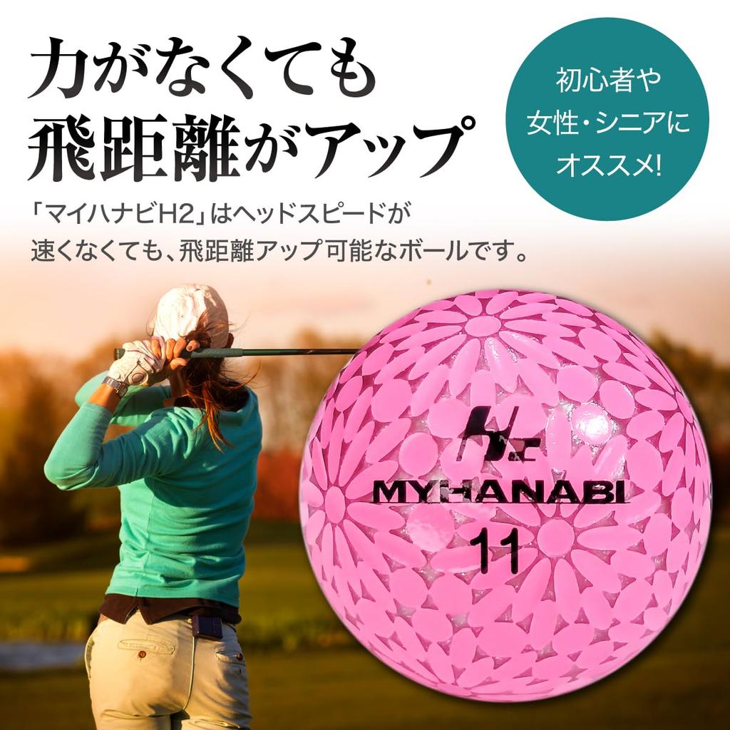 MYHANABI H2 Made In Japan Golf Ball Soft Distance Type (Pink Silver, 3 Balls)