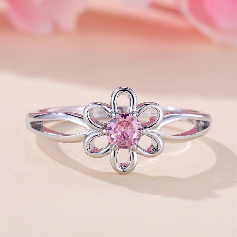 Niedliche hohle Blumenringe mit rosa Zirkonia für Damen, schlichte silberfarbene Hochzeits-Party-Schmuckgeschenke