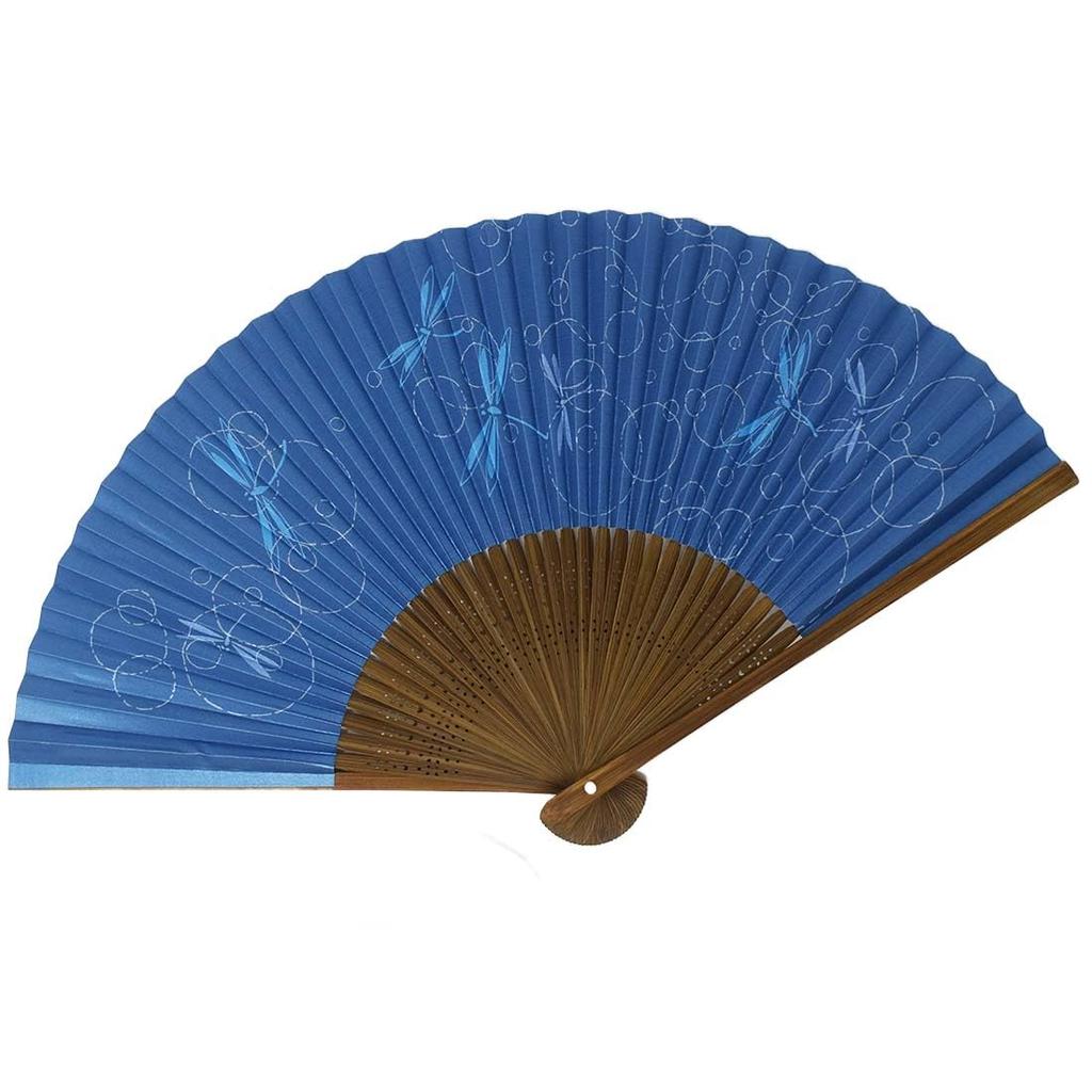 painted made in with carved karaki pearlescent dragonfly navy High-quality fan, Japan, wood, scented, background, design, blue.