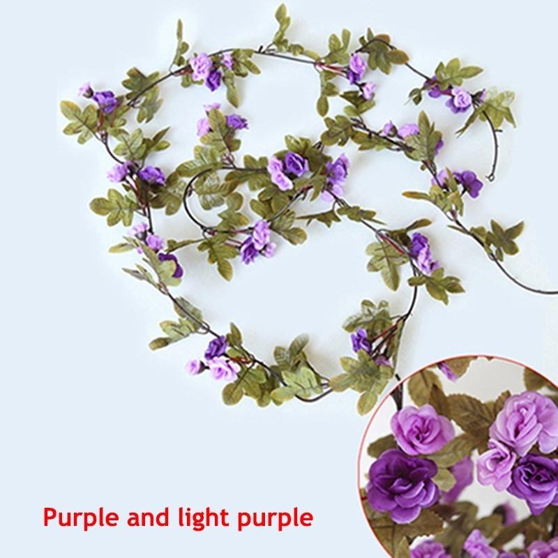 Rose Artificial Flowers Pink Silk Ivy Vine Hanging Garland Green Leaves With Flowers Decoration