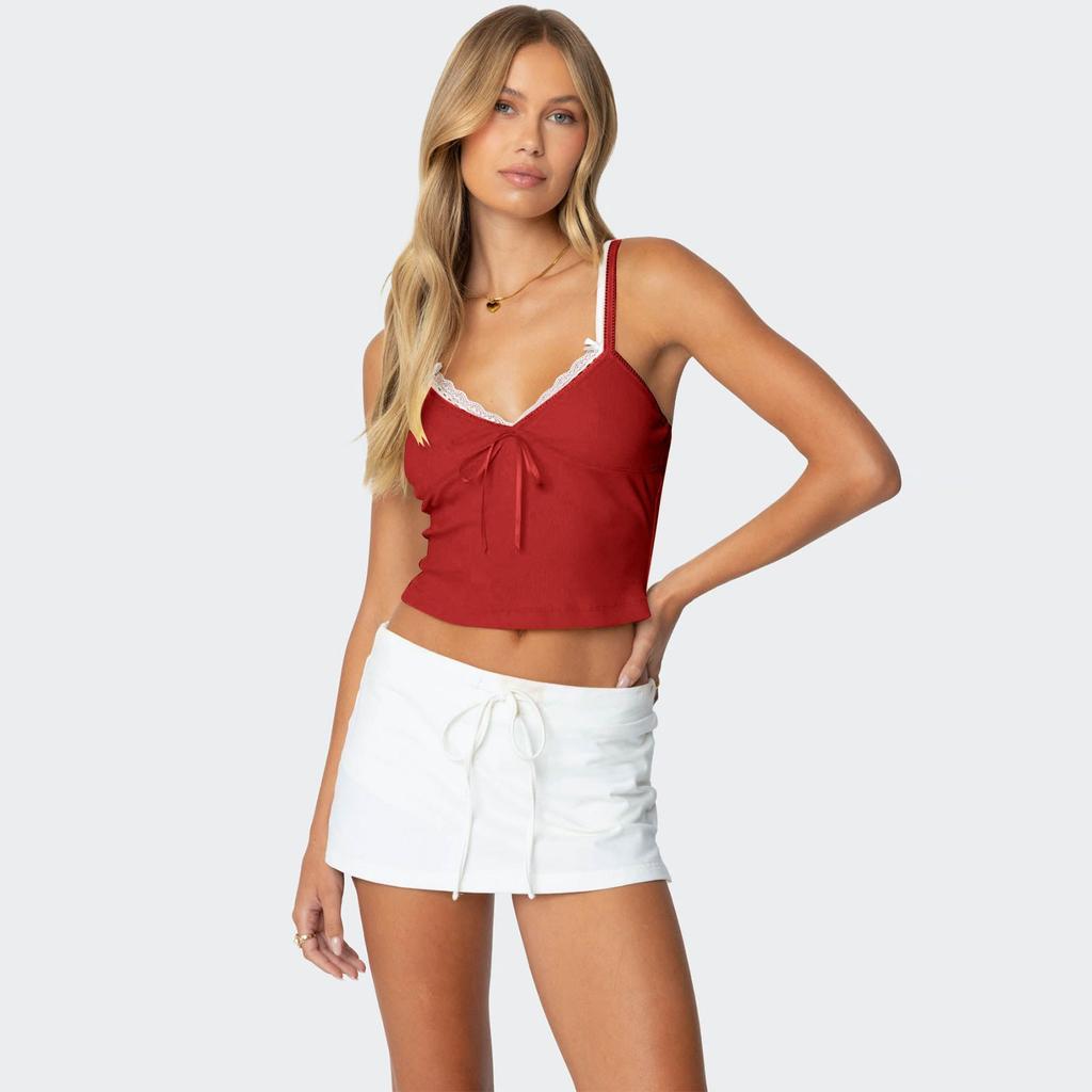 Women's Fashion Casual Summer Sexy Solid Color Lace Stitching Low Cut Camisole Top