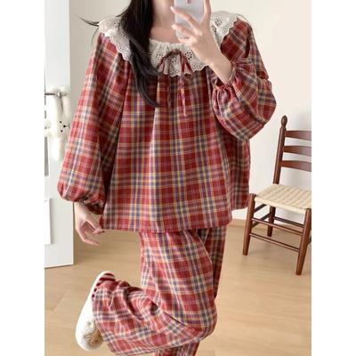 Women's Pajamas Autumn Spring Long Sleeve Soft Sleepwear Set Grid Cartoon Pyjama Woman Home Nightwear Set Cardigan