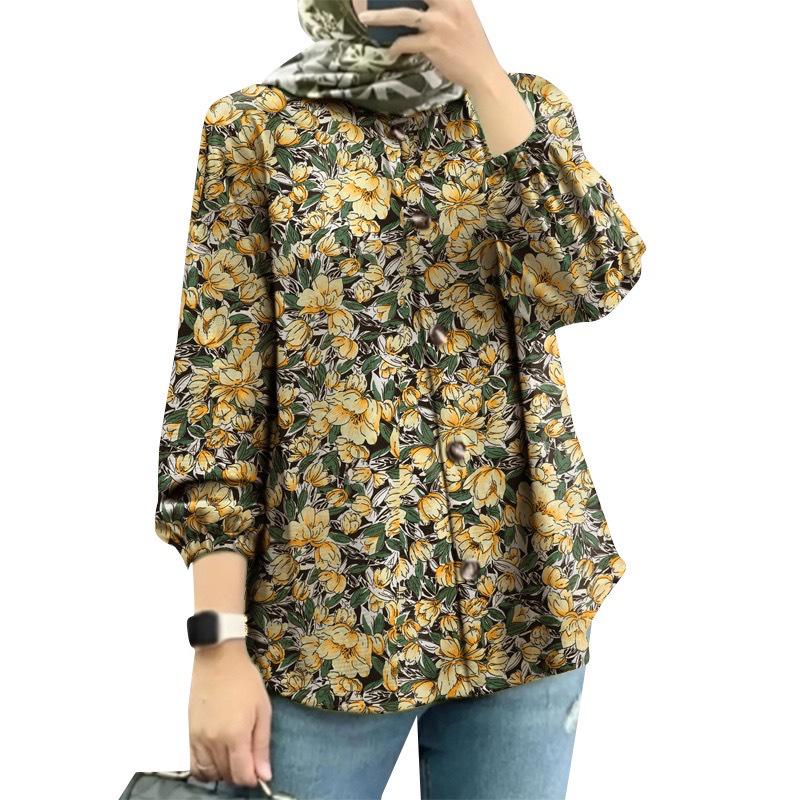 

2025 New Women s Muslim Floral Shirt with Puff Sleeves 5XL жовтий