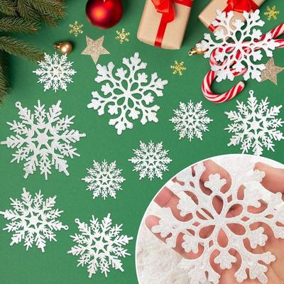 12 Stück weiße Glitzer-Schneeflocken aus Rohfaser-Kunststoff und Papier, Weihnachtsdekoration, Weihnachtsbaumanhänger, Heimdekoration, Winterpartys