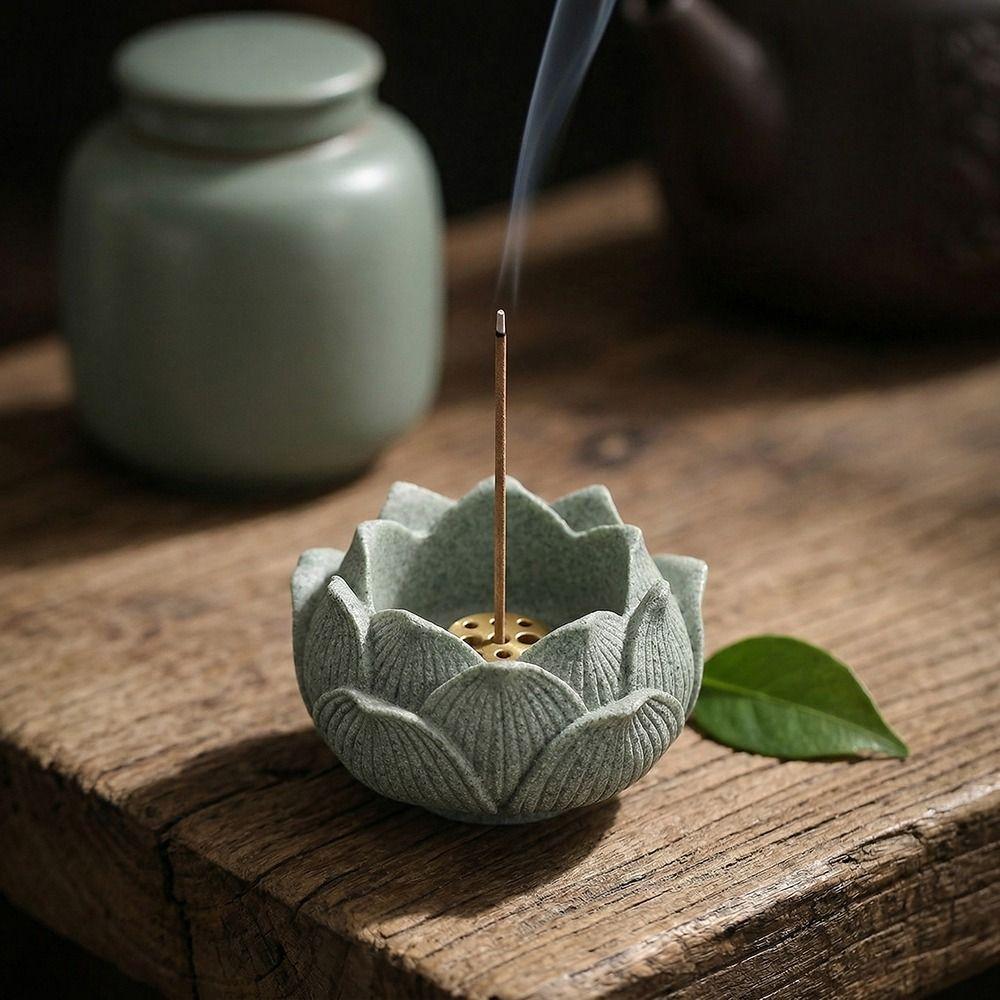 Flat Bottom Lotus Incense Holder Green Sand Stone Ash Catcher Incense Burning Tray  Indoor Use