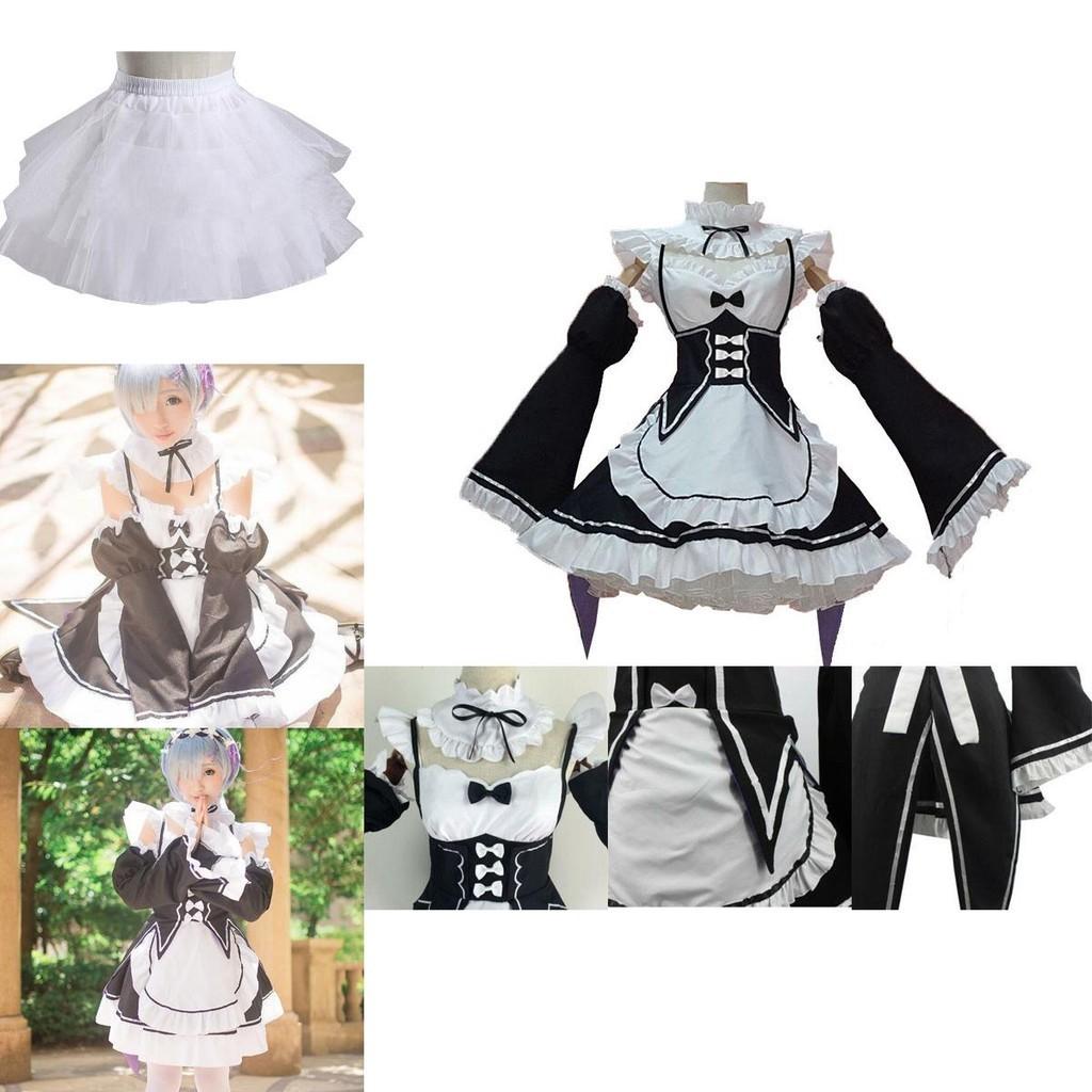Squisito Costume Cosplay Abito da Cameriera Gemelle Ram/Rem di Rezero Kara Hajimeru Isekai Seikatsu Con Cuciture Perfette