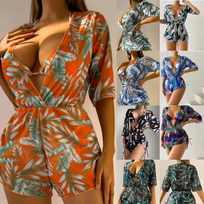 Women 3 Pieces Sun-protective Bikini Set Backless Swimsuit Sexy Swimwear Set Halter Top Solid Briefs and Drawstring Long Sleeves Cover-up Bathing Suit