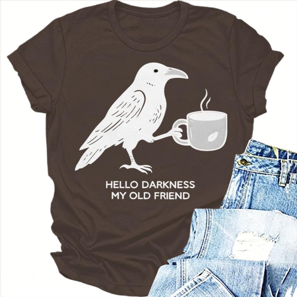 Hallo Dunkelheit Mein Alter Freund Krähe Rabe Kaffee Dunkler Humor Gothic Grafik T-Shirt Kurzarm Unisex Unisex T-Shirts