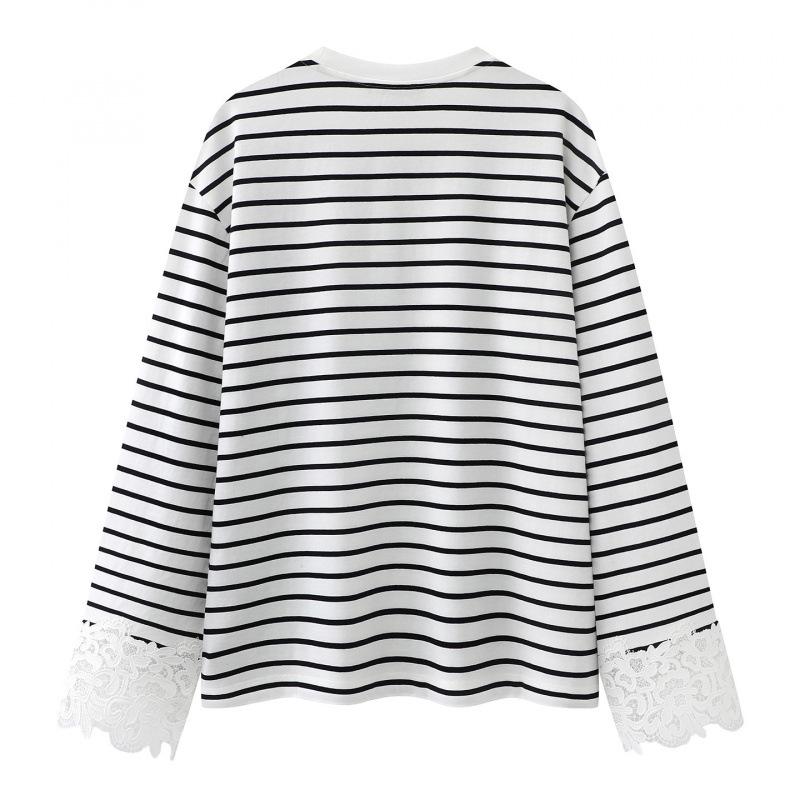Spring Striped Long Sleeve Embroidered T-Shirt with Lace Trim