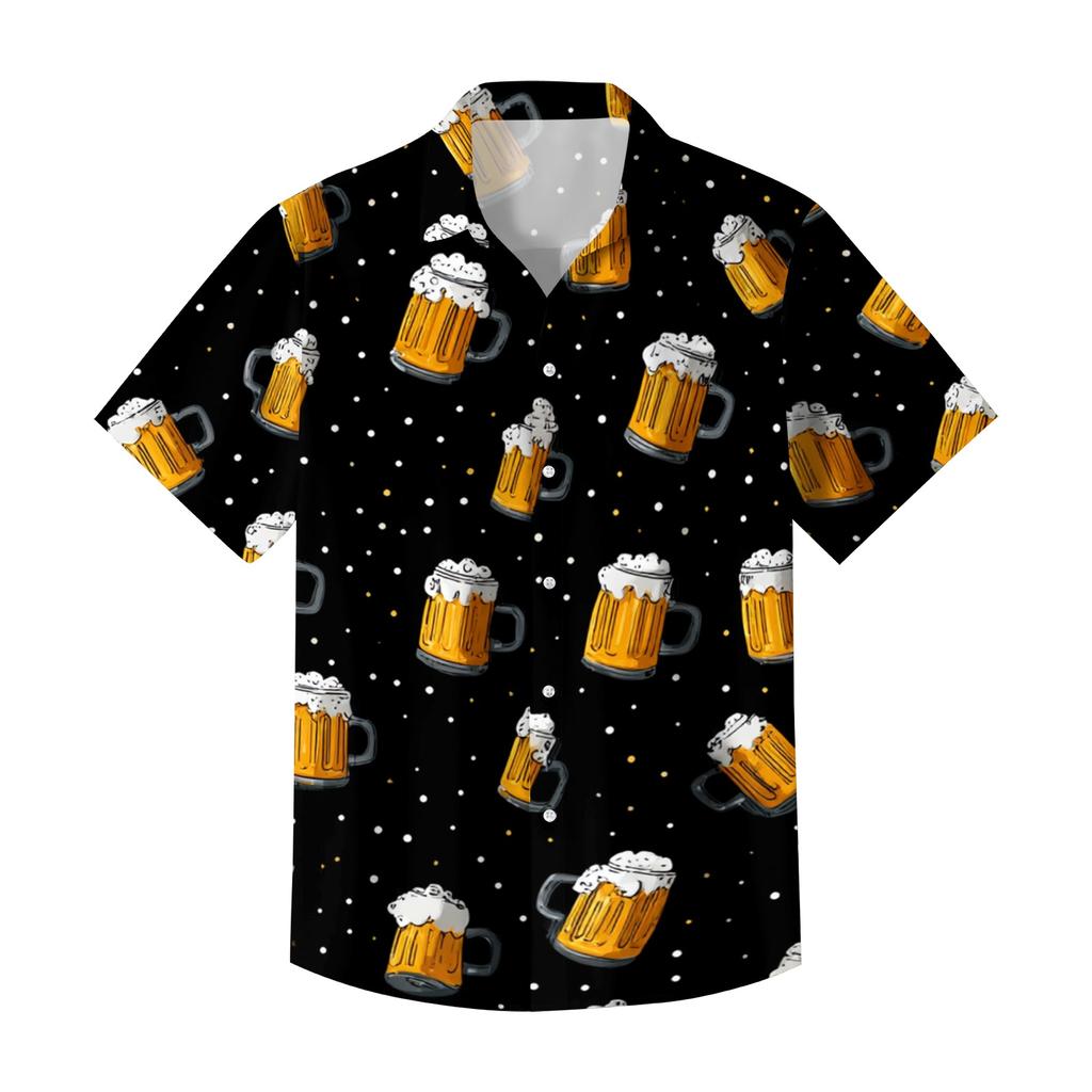 Men's Casual Short Sleeve Button Down Shirt Beer Mug Print Lightweight Breathable Fabric Relaxed Fit Summer Shirt