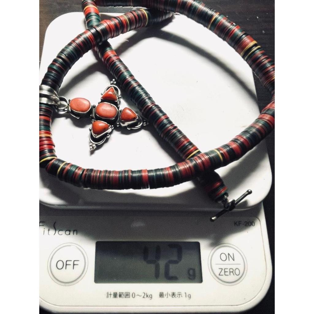 Used Navajo Silver Coral Cross Micarta Bead Necklace